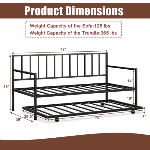 Topbuy Twin Size Steel Daybed &roll-out Trundle Frame Set w/ Casters