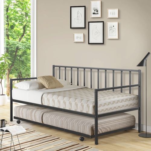 Topbuy Twin Size Steel Daybed &roll-out Trundle Frame Set w/ Casters