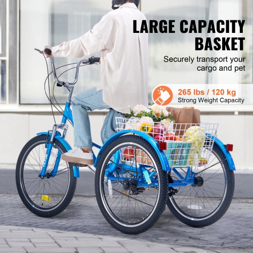 VEVOR 24-Inch 7-Speed Folding Adult Tricycle, Adult Folding Trikes, Carbon Steel 3 Wheel Cruiser Bike with Basket & Adjustable Seat, Shopping Picnic