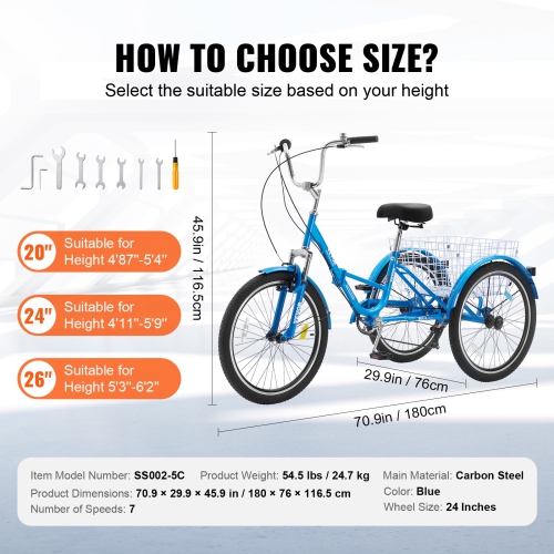 VEVOR 24-Inch 7-Speed Folding Adult Tricycle, Adult Folding Trikes, Carbon Steel 3 Wheel Cruiser Bike with Basket & Adjustable Seat, Shopping Picnic
