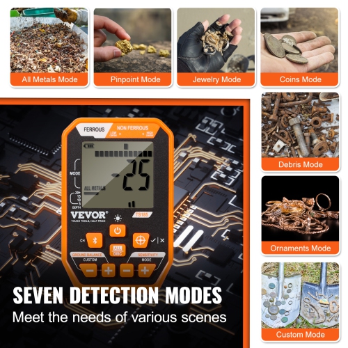 VEVOR 39-50 Waterproof Metal Detector, 12" Coil, Gold Detector, in Adjustable with LCD 7 Modes Advanced DSP Chip Bluetooth Headset, IP68 for