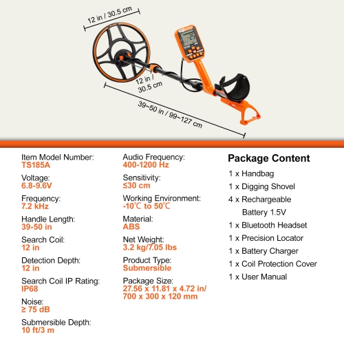 VEVOR 39-50 Waterproof Metal Detector, 12" Coil, Gold Detector, in Adjustable with LCD 7 Modes Advanced DSP Chip Bluetooth Headset, IP68 for