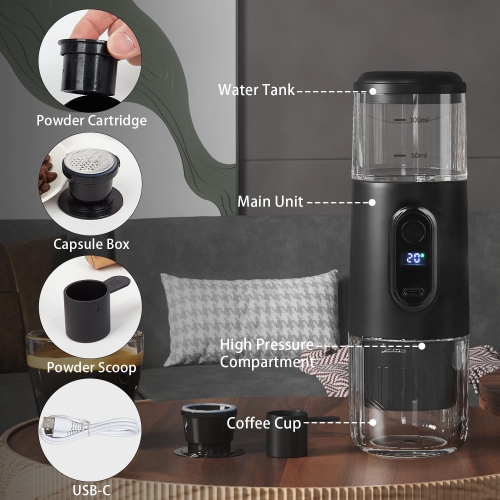 Portable Electric Espresso Coffee Machine,Wireless Coffee Maker,Self-Heating Capsule Coffee Maker for Camping RV Hiking