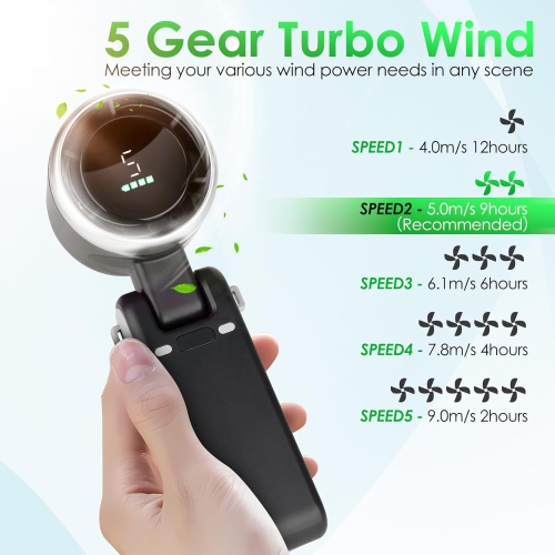 Portable Handheld Mini Turbo Fan,USB Rechargeable Travel Neck Fan with 5 Speeds,Foldable Pocket Cooling Fan for Travel Home