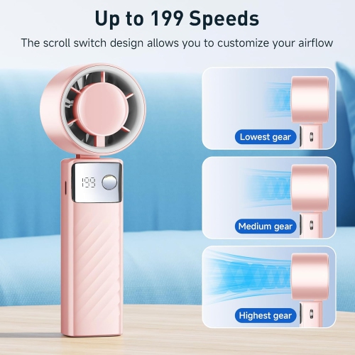 Handheld Fan,Powerful Portable Fan,Turbo Mini Fans,Personal Rechargeable Fan,1-199 Speed,LED Display,Foldable Pocket Fan for Outdoor Indoor