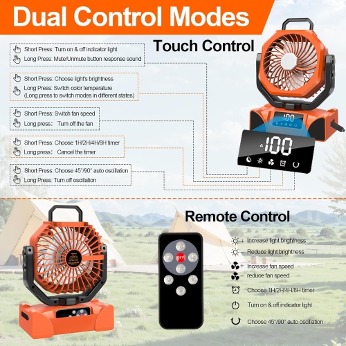 Portable Camping Fan,20000mAh Battery Operated Powered Fan with Remote Control,Rechargeable Camping Fan,LED Lantern Fan with Digital Display for Tent