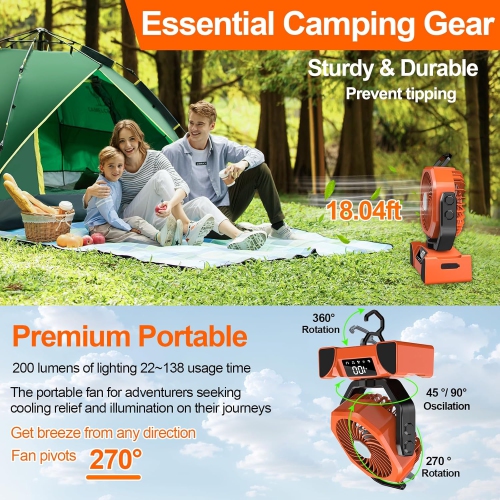 Portable Camping Fan,20000mAh Battery Operated Powered Fan with Remote Control,Rechargeable Camping Fan,LED Lantern Fan with Digital Display for Tent