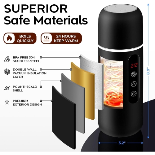 Electric Travel Kettle,12V/24V Car Coffee Warmer Kettle,Portable Hot Water Boiler,Small Hot Water Warmer with Temperature Adjustable for Tea Coffee