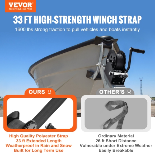 VEVOR 1600 lbs Pulling Hand Winch, Boat Trailer Winch Heavy Duty Rope Crank with 33 ft Polyester Strap and Two-Way Ratchet, Manual Operated Hand