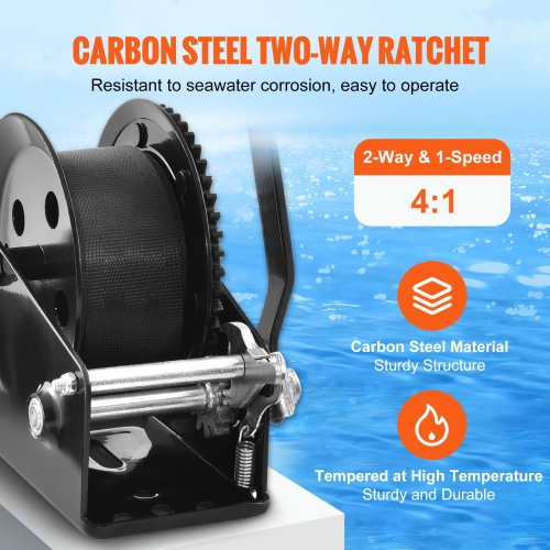 VEVOR 1600 lbs Pulling Hand Winch, Boat Trailer Winch Heavy Duty Rope Crank with 33 ft Polyester Strap and Two-Way Ratchet, Manual Operated Hand