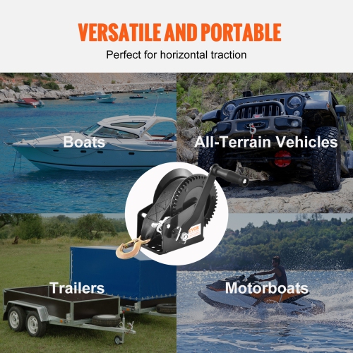 VEVOR 1600 lbs Pulling Hand Winch, Boat Trailer Winch Heavy Duty Rope Crank with 33 ft Polyester Strap and Two-Way Ratchet, Manual Operated Hand