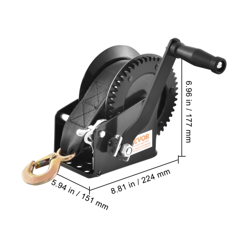 VEVOR 1600 lbs Pulling Hand Winch, Boat Trailer Winch Heavy Duty Rope Crank with 33 ft Polyester Strap and Two-Way Ratchet, Manual Operated Hand