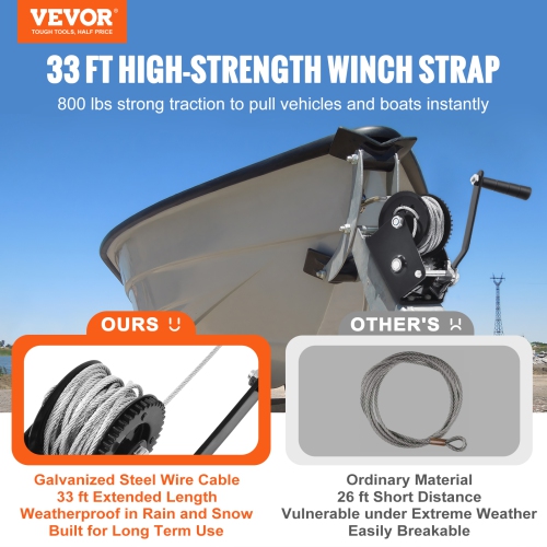 VEVOR 800 lbs Pulling Hand Winch, Boat Trailer Winch Heavy Duty Rope Crank with 33 ft Steel Wire Cable and Two-Way Ratchet, Manual Operated Hand