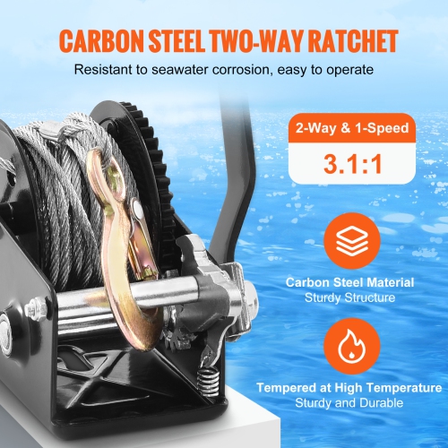 VEVOR 800 lbs Pulling Hand Winch, Boat Trailer Winch Heavy Duty Rope Crank with 33 ft Steel Wire Cable and Two-Way Ratchet, Manual Operated Hand