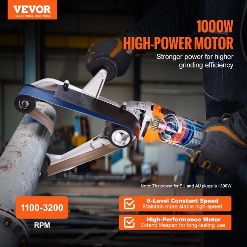 VEVOR 1000W Pipe Tube Polisher Sander, Pipe Belt Sander with 6 Variable Speeds 1100-3200rpm, Professional Belt Sander Grinding Machine with 50PCS