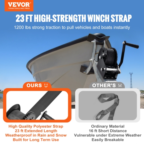 VEVOR 1200 lbs Pulling Hand Winch, Boat Trailer Winch Heavy Duty Rope Crank with 23 ft Polyester Strap and Two-Way Ratchet, Manual Operated Hand