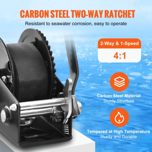 VEVOR 1200 lbs Pulling Hand Winch, Boat Trailer Winch Heavy Duty Rope Crank with 23 ft Polyester Strap and Two-Way Ratchet, Manual Operated Hand