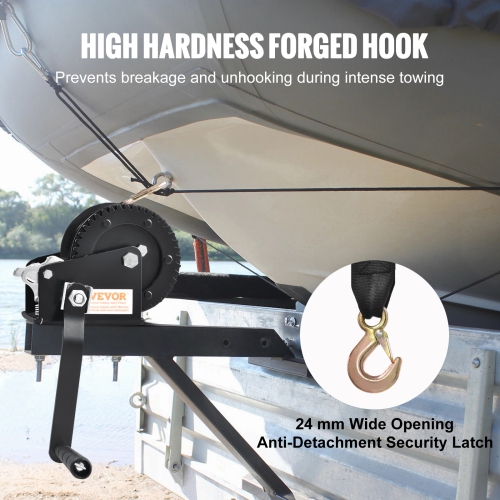 VEVOR 1200 lbs Pulling Hand Winch, Boat Trailer Winch Heavy Duty Rope Crank with 23 ft Polyester Strap and Two-Way Ratchet, Manual Operated Hand