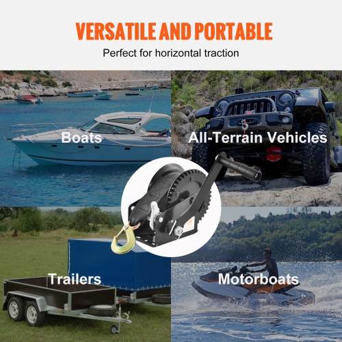 VEVOR 1200 lbs Pulling Hand Winch, Boat Trailer Winch Heavy Duty Rope Crank with 23 ft Polyester Strap and Two-Way Ratchet, Manual Operated Hand