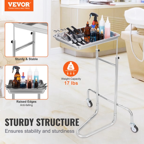 VEVOR 2 Silent Wheels Stainless Steel Lab Carts, Lab Utility Cart with Single Tray, Mobile Medical Cart, Lab Rolling Cart for Lab, Clinic, Hospital,