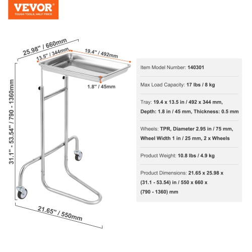 VEVOR 2 Silent Wheels Stainless Steel Lab Carts, Lab Utility Cart with Single Tray, Mobile Medical Cart, Lab Rolling Cart for Lab, Clinic, Hospital,