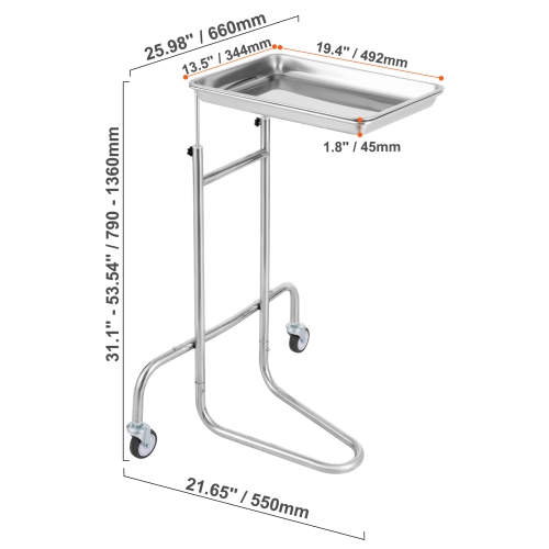 VEVOR 2 Silent Wheels Stainless Steel Lab Carts, Lab Utility Cart with Single Tray, Mobile Medical Cart, Lab Rolling Cart for Lab, Clinic, Hospital,