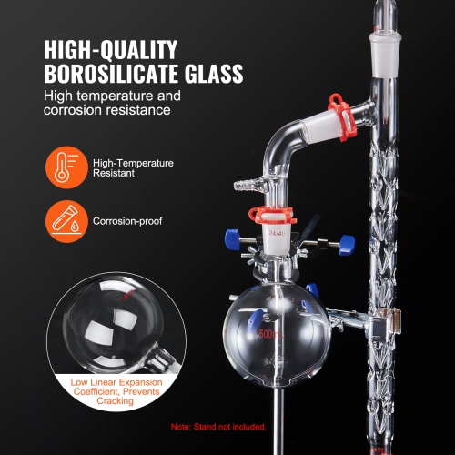 VEVOR 3.3 BoroLab Distillation Kit, Lab Glassware Distillation Kit with 24, 40 Joint, 1000ml Essential Oil Distillation Apparatus Kit, 14 pcs Set of