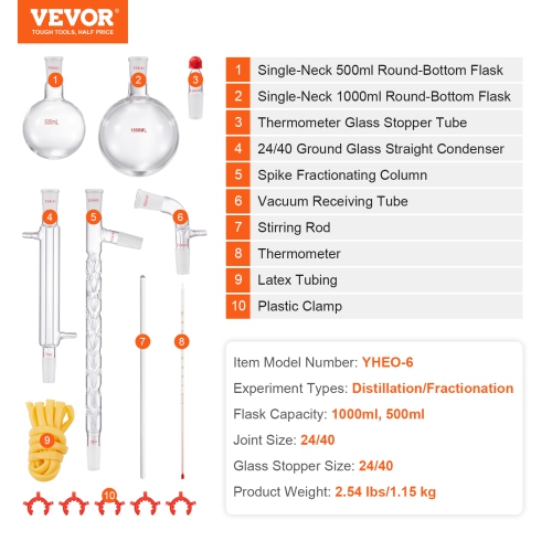 VEVOR 3.3 BoroLab Distillation Kit, Lab Glassware Distillation Kit with 24, 40 Joint, 1000ml Essential Oil Distillation Apparatus Kit, 14 pcs Set of