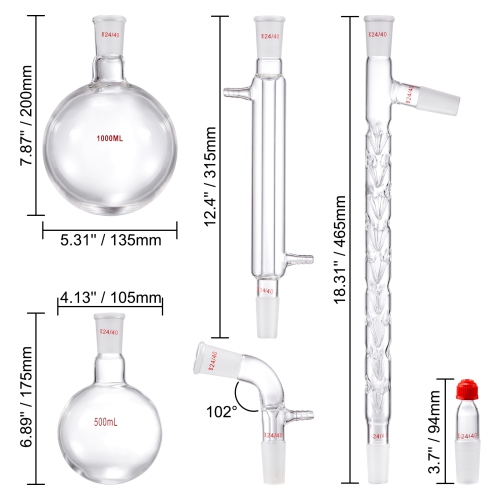 VEVOR 3.3 BoroLab Distillation Kit, Lab Glassware Distillation Kit with 24, 40 Joint, 1000ml Essential Oil Distillation Apparatus Kit, 14 pcs Set of