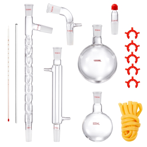 VEVOR 3.3 BoroLab Distillation Kit, Lab Glassware Distillation Kit with 24, 40 Joint, 1000ml Essential Oil Distillation Apparatus Kit, 14 pcs Set of