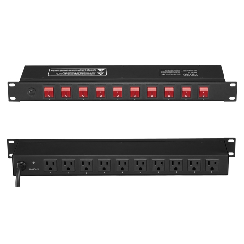 Image 1 de 9.. VEVOR 1U PDU, 10 Outlets, Rack Mount Power Strip Fits Standard 19" Server Racks, with Independent Switch Surge Protection & Overload Protection,