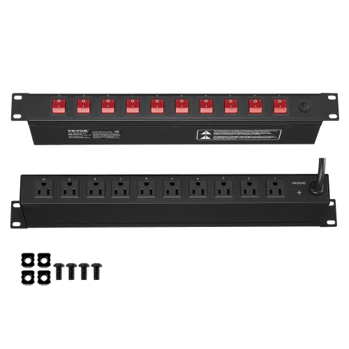 VEVOR 1U PDU, 10 Outlets, Rack Mount Power Strip Fits Standard 19" Server Racks, with Independent Switch Surge Protection & Overload Protection,