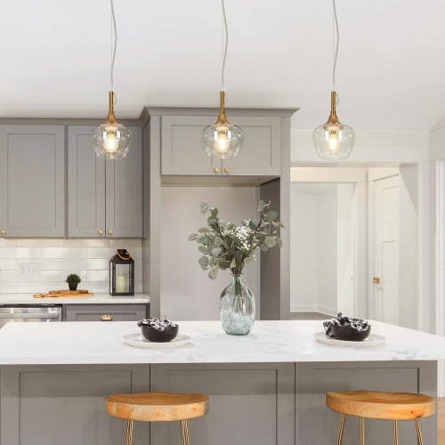 Modern Kitchen Island Hanging Pendant Light 1-Light Brass Gold Mini Bedroom Pendant Light with Seeded Glass Shade