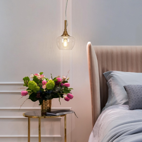 Modern Kitchen Island Hanging Pendant Light 1-Light Brass Gold Mini Bedroom Pendant Light with Seeded Glass Shade