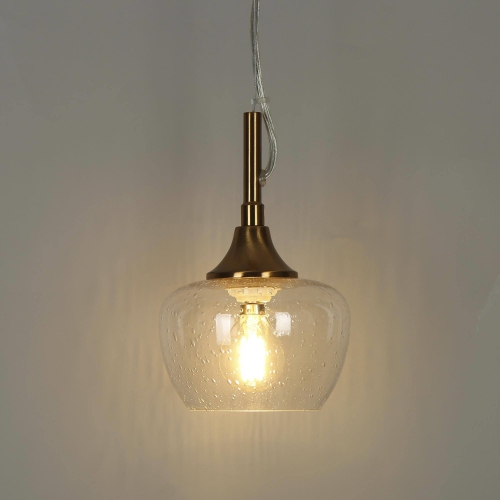Modern Kitchen Island Hanging Pendant Light 1-Light Brass Gold Mini Bedroom Pendant Light with Seeded Glass Shade