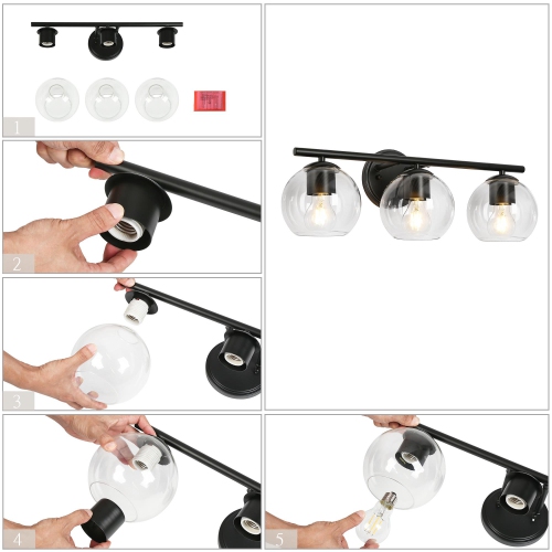 Industrial Black Bathroom Vanity Light, 21.5 in. 3-Light Modern Transitional Globe Wall Sconce with Clear Glass Shades