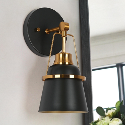 UOLFIN  Modern Bathroom Wall Light 1-Light And Gold Powder Room Wall Sconce Light With Metal Shade In Black