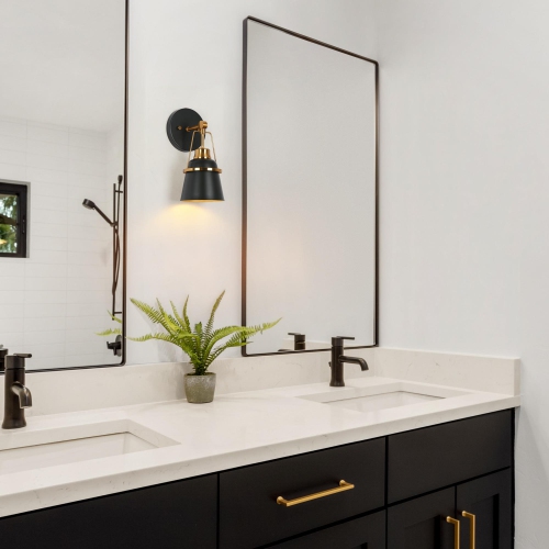 Modern Bathroom Wall Light 1-Light Black and Gold Powder Room Wall Sconce Light with Metal Shade