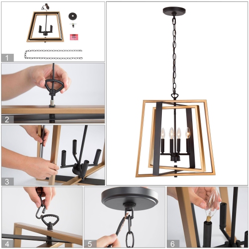 4-Light Black and Brass Rectangle Chandelier