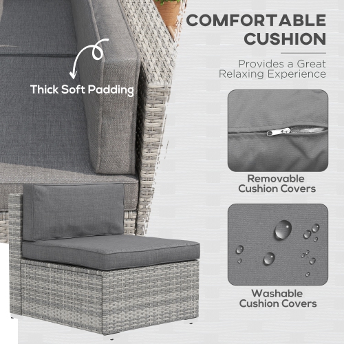 Outsunny 7 Piece Patio Furniture Set, PE Rattan Outdoor Conversation Set with Sectional Sofa, Glass Tabletop, Cushions and Pillows for Garden, Lawn,