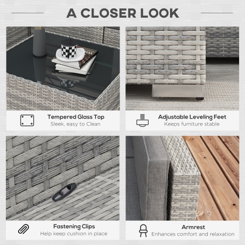 Outsunny 7 Piece Patio Furniture Set, PE Rattan Outdoor Conversation Set with Sectional Sofa, Glass Tabletop, Cushions and Pillows for Garden, Lawn,