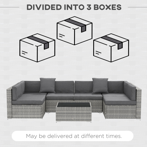 Outsunny 7 Piece Patio Furniture Set, PE Rattan Outdoor Conversation Set with Sectional Sofa, Glass Tabletop, Cushions and Pillows for Garden, Lawn,