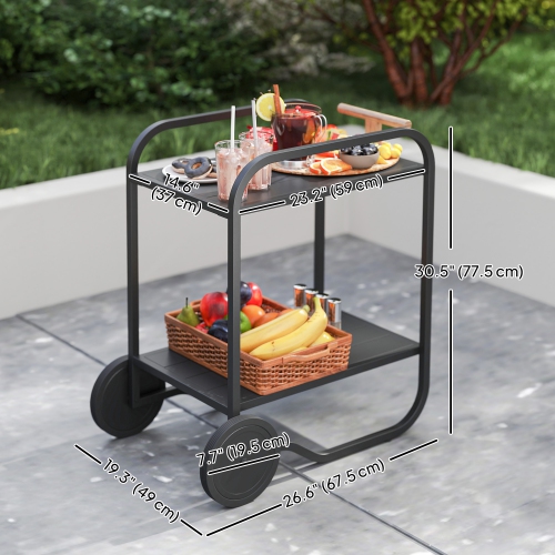 Outsunny Outdoor Grill Cart with Storage, 2-Tier Rolling Kitchen Bar Cart on Wheels with Side Handle and Steel Frame for Indoor Outdoor, Black