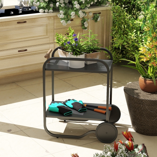 Outsunny Outdoor Grill Cart with Storage, 2-Tier Rolling Kitchen Bar Cart on Wheels with Side Handle and Steel Frame for Indoor Outdoor, Black