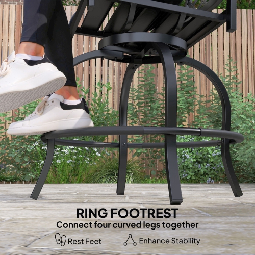 Outsunny Outdoor Bar Stools Set of 2, 360° Swivel Counter Height Patio Chairs with Cushion & Pillow, 25 Inch Metal Bar Stools with Footrest, Back,
