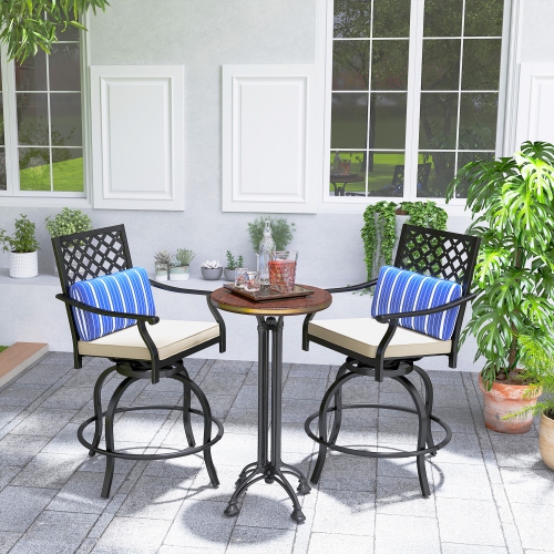 Outsunny Outdoor Bar Stools Set of 2, 360° Swivel Counter Height Patio Chairs with Cushion & Pillow, 25 Inch Metal Bar Stools with Footrest, Back,