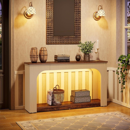 Tribesigns 55-Inch Console Table with LED Lights, Farmhouse 2-Tier Narrow Sofa Table with Storage