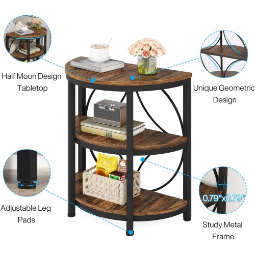 Tribesigns Side Table, Half Circle End Table with Storage Shelf & Metal Frame, 3-Tier Half Moon Table