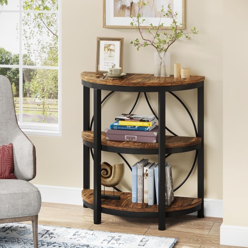 Tribesigns Side Table, Half Circle End Table with Storage Shelf & Metal Frame, 3-Tier Half Moon Table