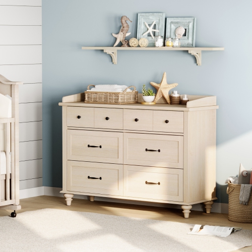 WAMPAT Beige Baby Dresser with 6 Drawers for Kids Room, Kids Dresser Wooden Double Dresser for Bedroom, Chest of Drawers Storage Dresser Organizer